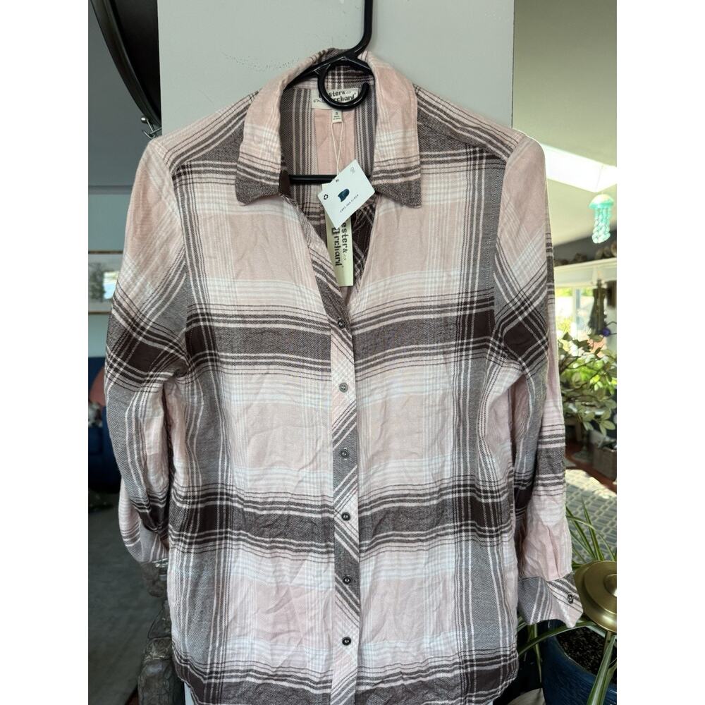 Hester & Orchard Womens Soft Brown and Pink plaid button up small NWT